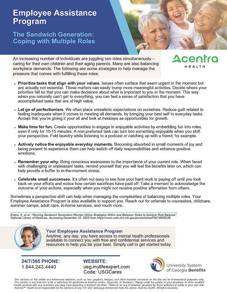 February Tip Sheet focusing on The Sandwich Generation: Coping with Multiple Roles. 